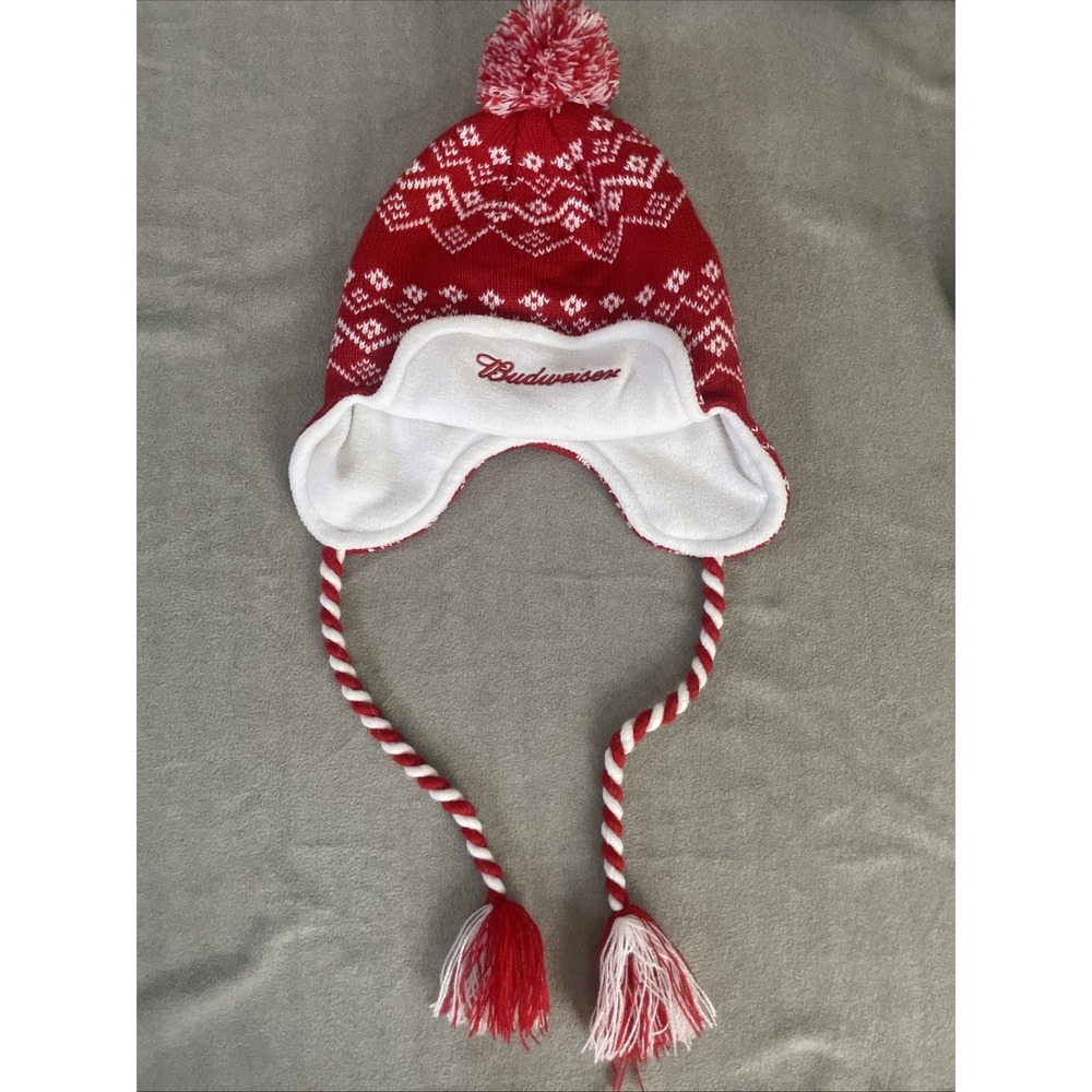 Budweiser Snowflakes Red And White Winter Hat Trapper Ear Flaps Norwegian Retro